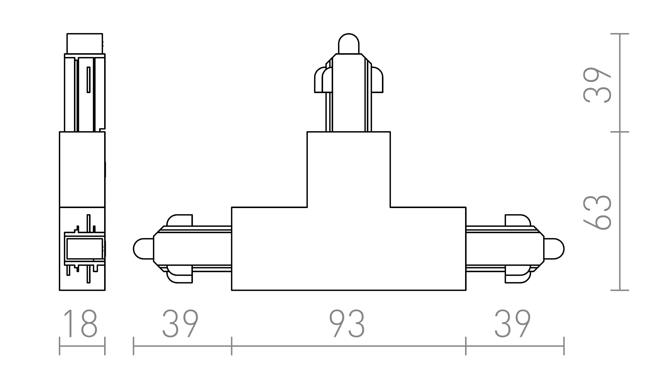 T-CONNECTOR FOR 1-CIRCUIT TRACK (POLARITY LEFT) - Product sketch